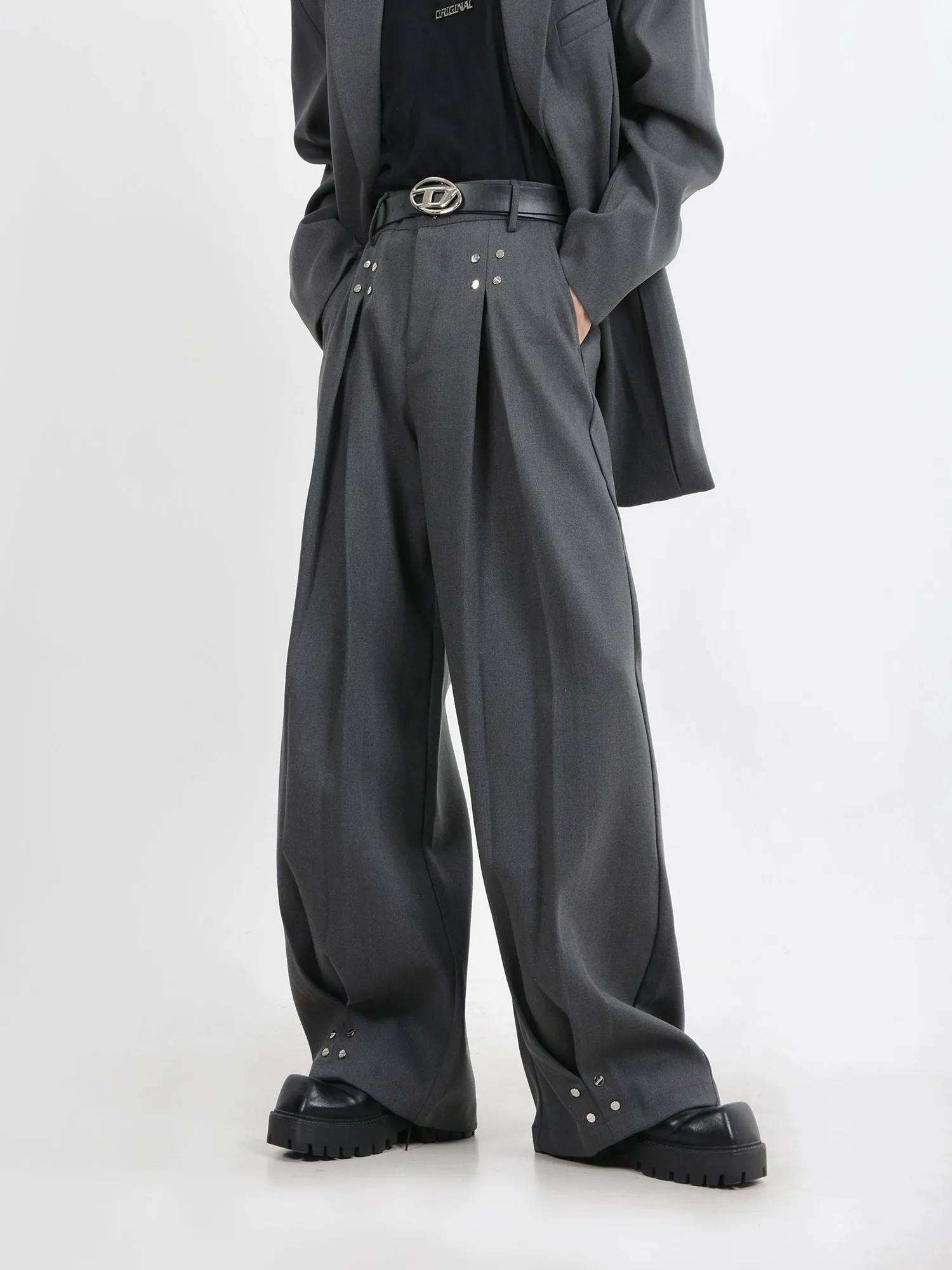 Wide-Leg Silver Accent Embellished Trousers