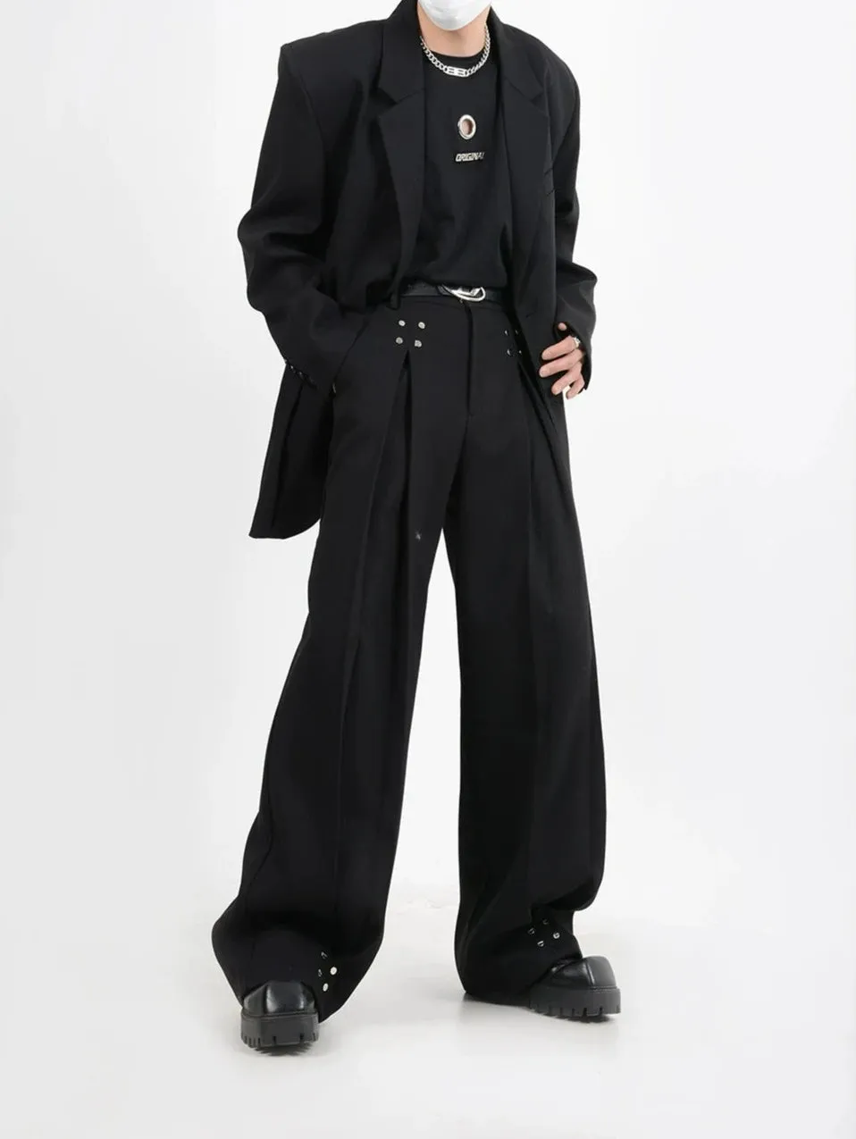 Wide-Leg Silver Accent Embellished Trousers