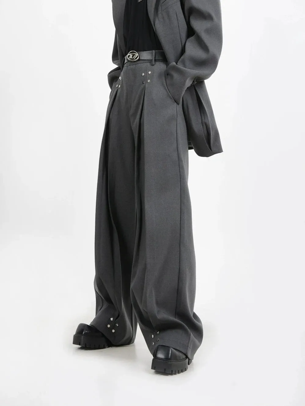 Wide-Leg Silver Accent Embellished Trousers