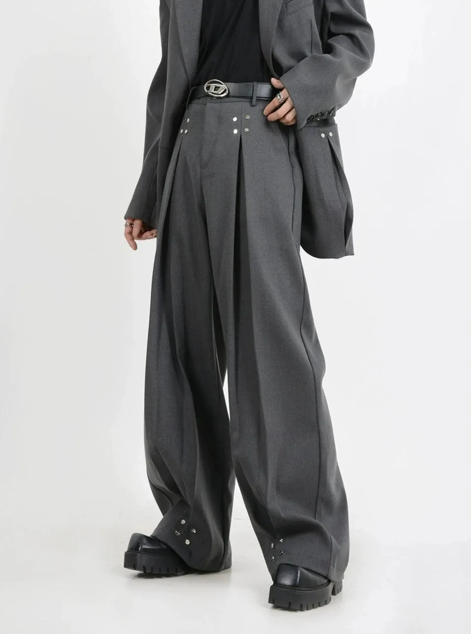 Wide-Leg Silver Accent Embellished Trousers
