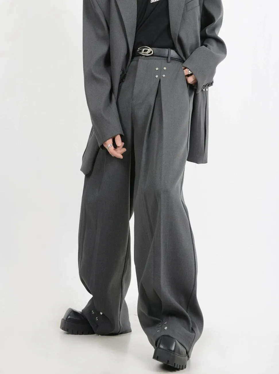 Wide-Leg Silver Accent Embellished Trousers