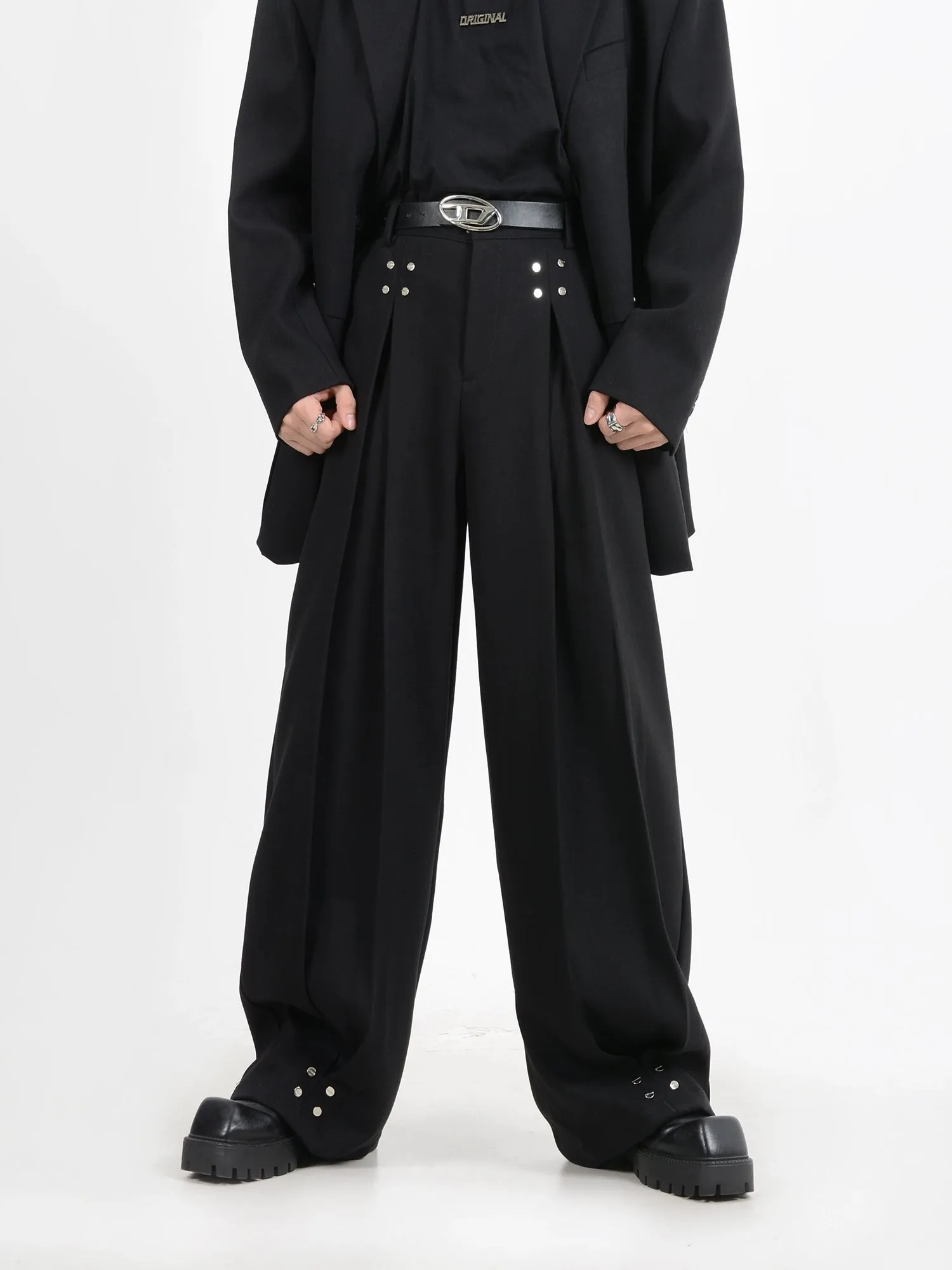 Wide-Leg Silver Accent Embellished Trousers