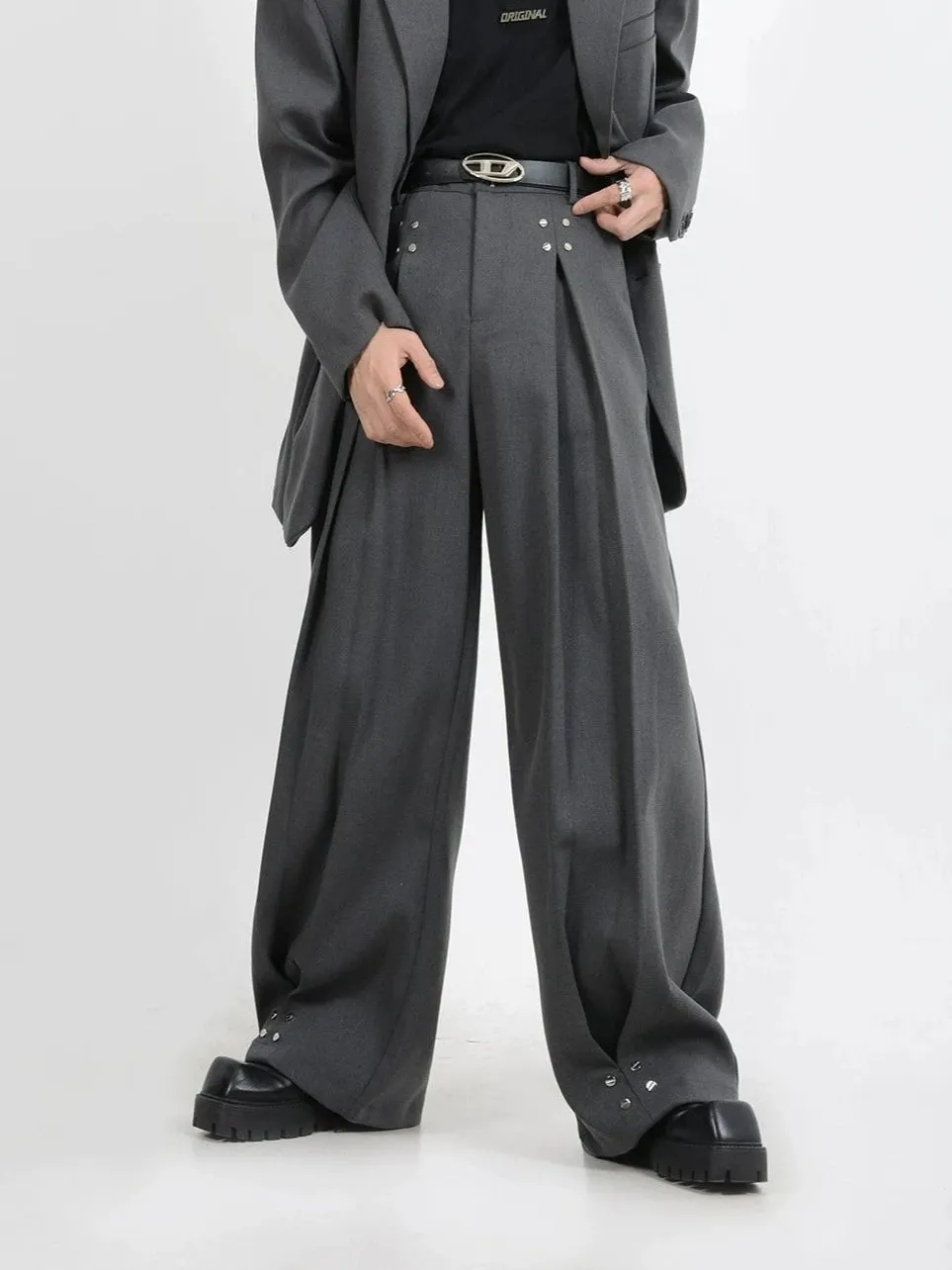 Wide-Leg Silver Accent Embellished Trousers