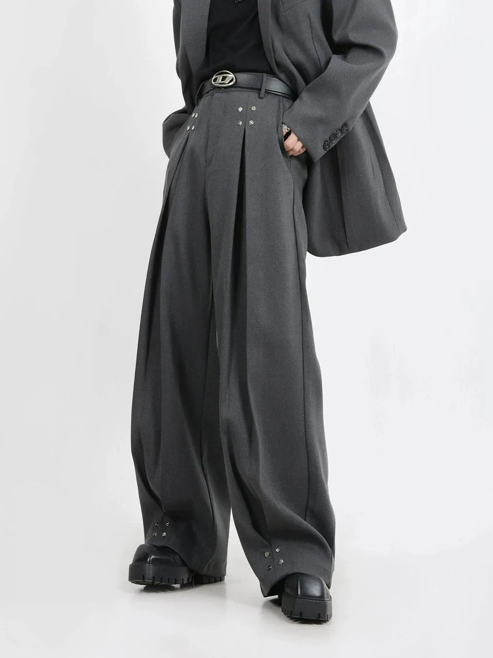 Wide-Leg Silver Accent Embellished Trousers