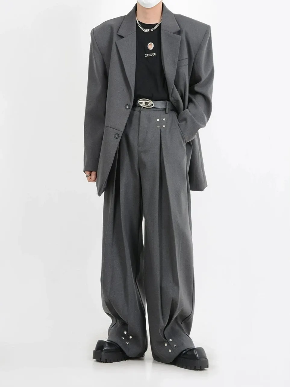 Wide-Leg Silver Accent Embellished Trousers