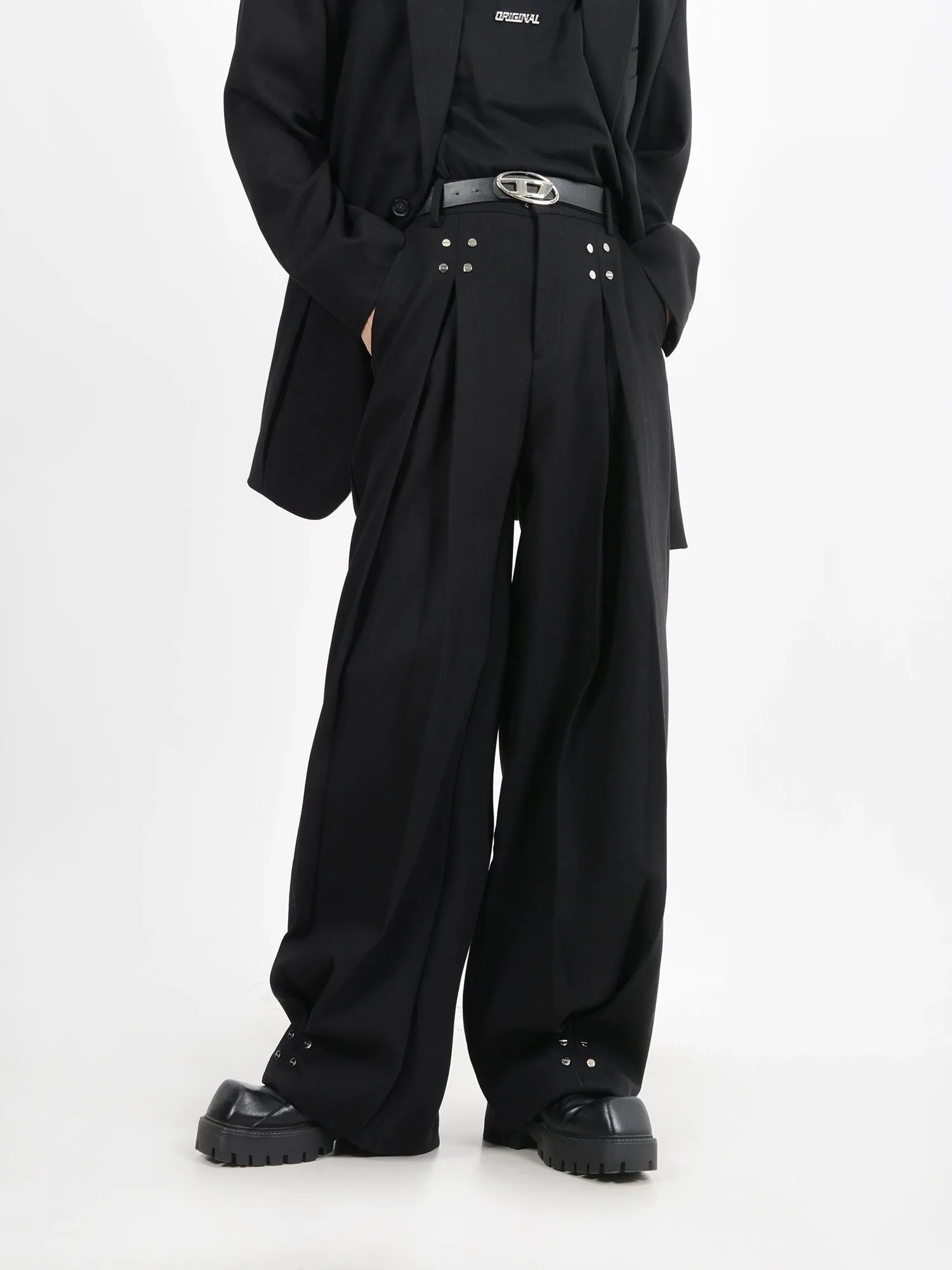 Wide-Leg Silver Accent Embellished Trousers