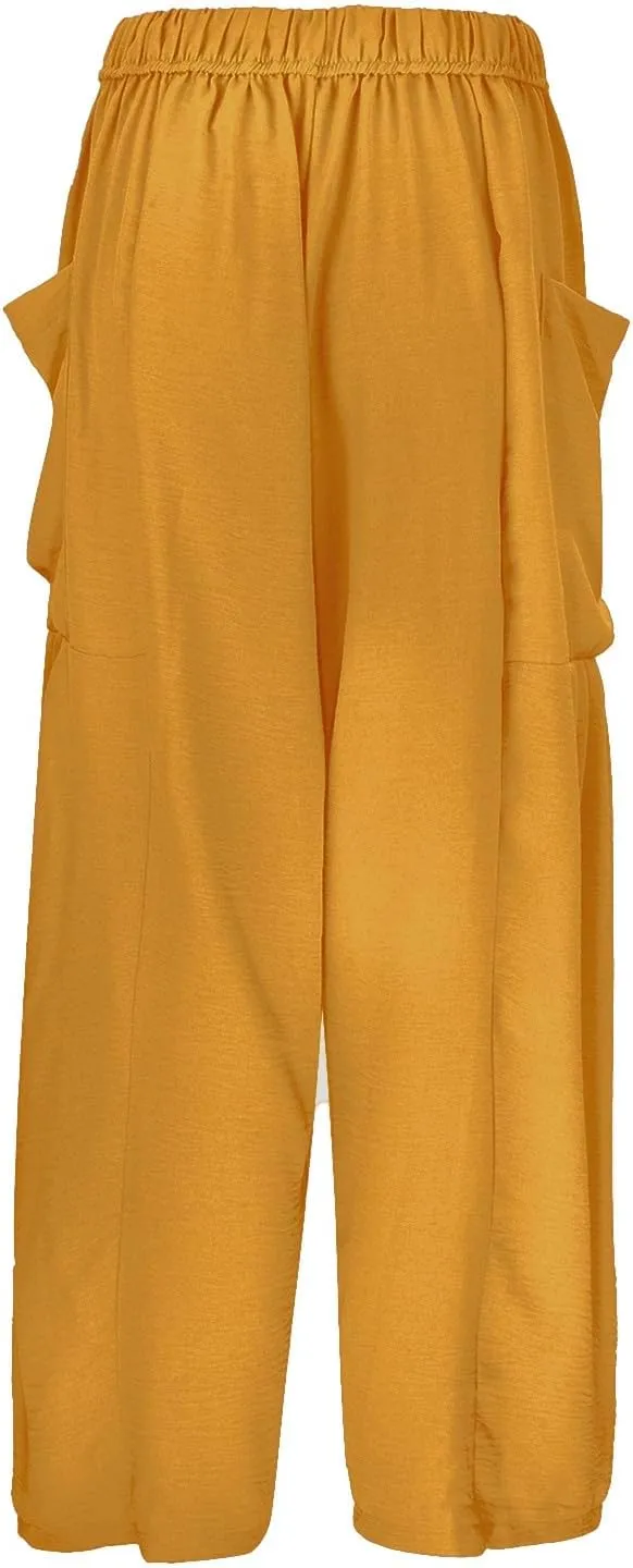 Women Linen Summer Floral Pant Trousers Elastic Waisted Wide Leg Slim-Fit Trousers Vacation