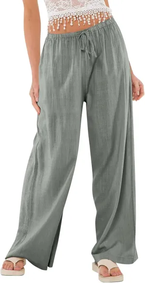 Women Wide Leg Pants Linen Pants Drawstring High Waisted Summer Boho Pant Workout Trouser Pant with Pockets (S-2Xl)