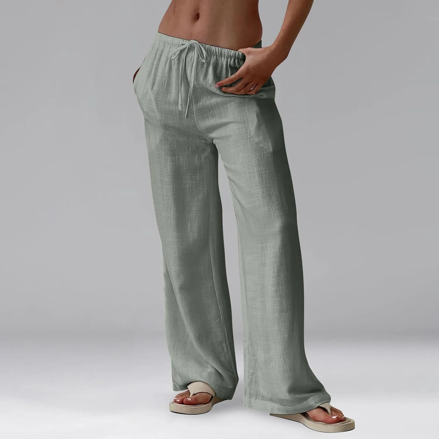 Women Wide Leg Pants Linen Pants Drawstring High Waisted Summer Boho Pant Workout Trouser Pant with Pockets (S-2Xl)