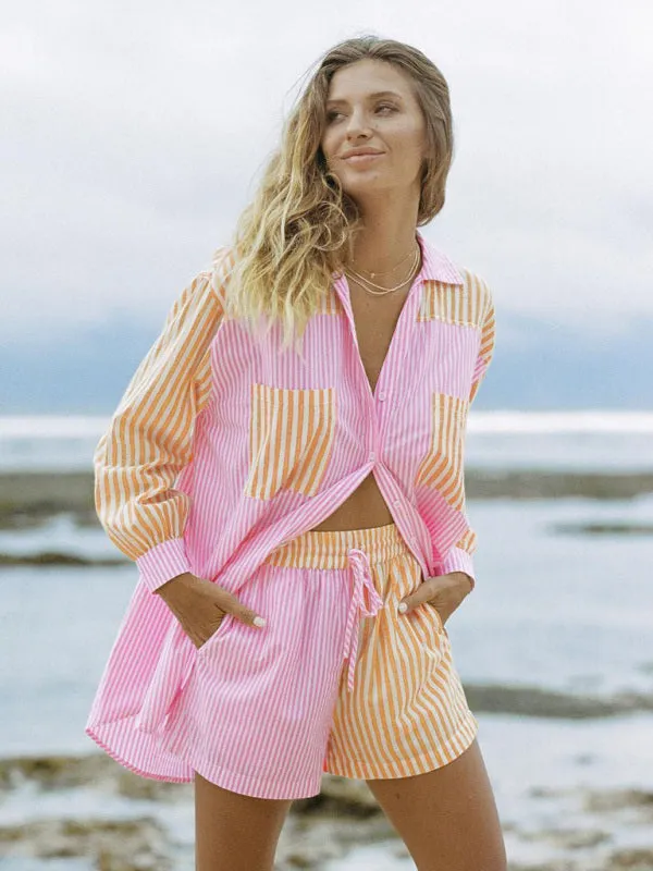 Women's Button Front Long Sleeve Striped Shirt Matching Drawstring Shorts