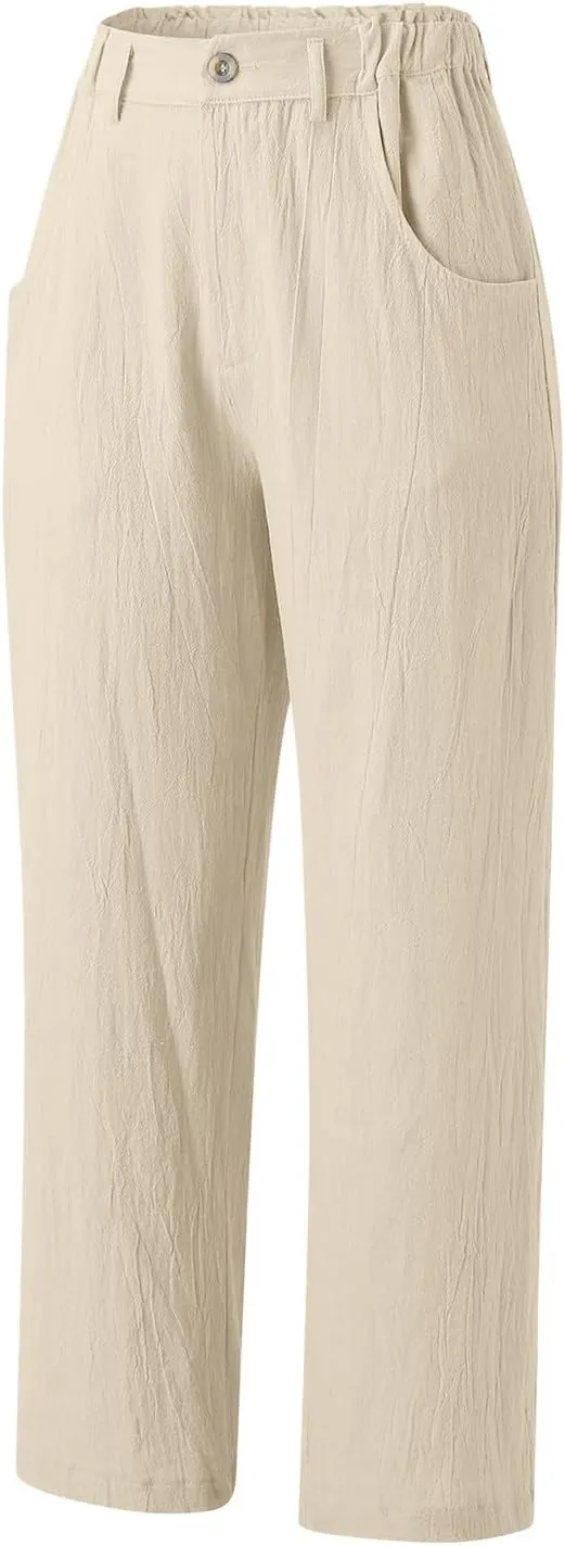 Women's Linen Blend Summer Tie Knot Pant Trousers Elastic Waist Wide Leg Loose Fit Trousers Office