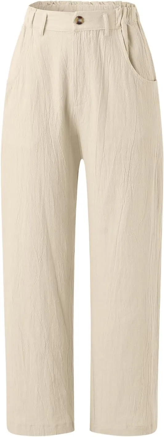 Women's Linen Blend Summer Tie Knot Pant Trousers Elastic Waist Wide Leg Loose Fit Trousers Office