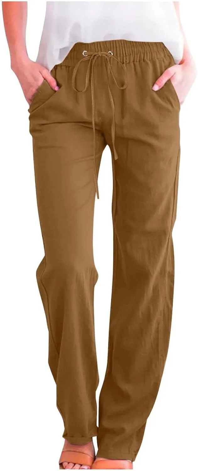 Women's Plus Size Linen Pans Straight Leg Casual Work Pants High Waisted Comfy Summer Pants Lightweight Lounge Pants
