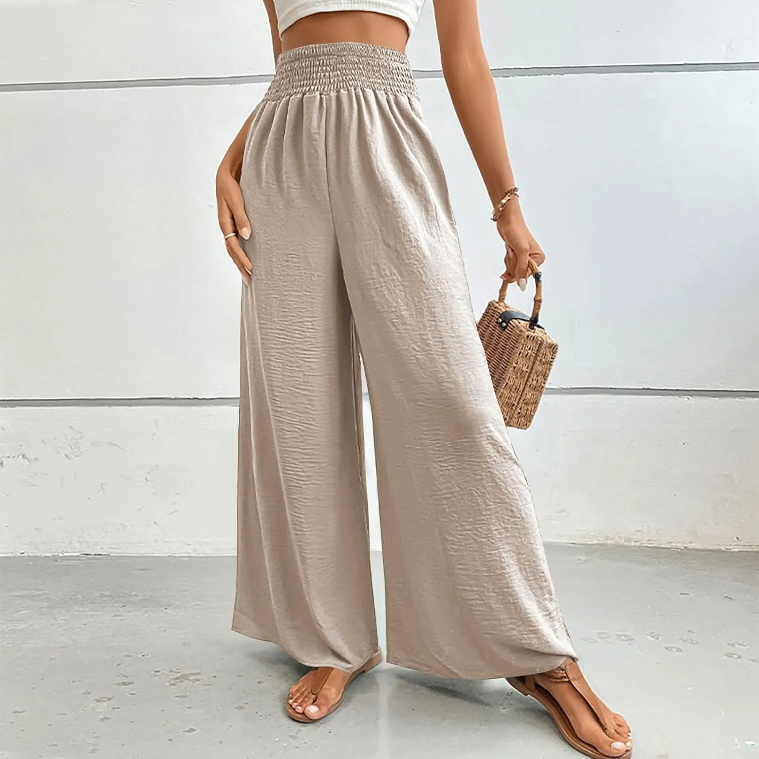 Women's Summer Ruched Wide Leg Pants High Waist Lightweight Long Pants Casual Solid Color Loose Flowy Beach Trousers