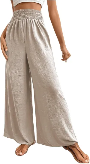 Women's Summer Ruched Wide Leg Pants High Waist Lightweight Long Pants Casual Solid Color Loose Flowy Beach Trousers