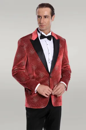 WSS Dot Patterned Peak Lapel Burgundy Men Prom Blazer  - Singen
