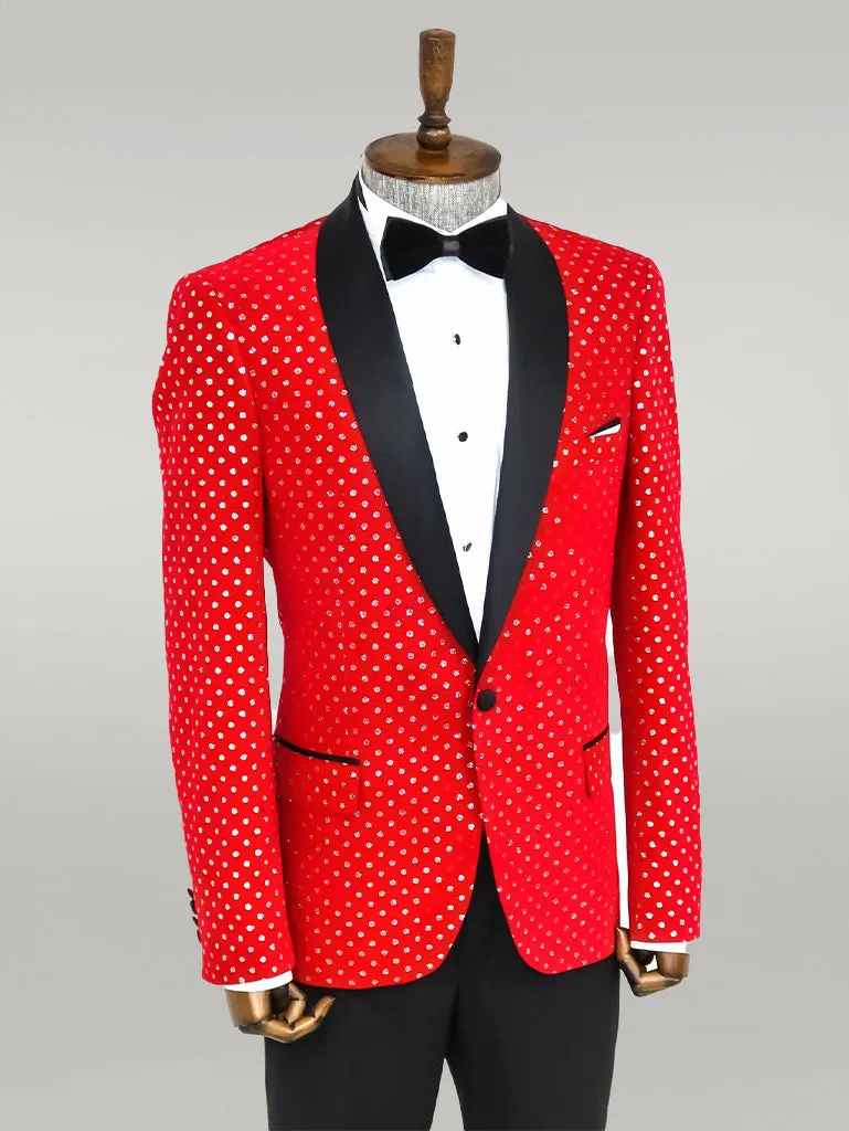 WSS Dot Patterned Slim Fit Red Men Prom Blazer  - Singen