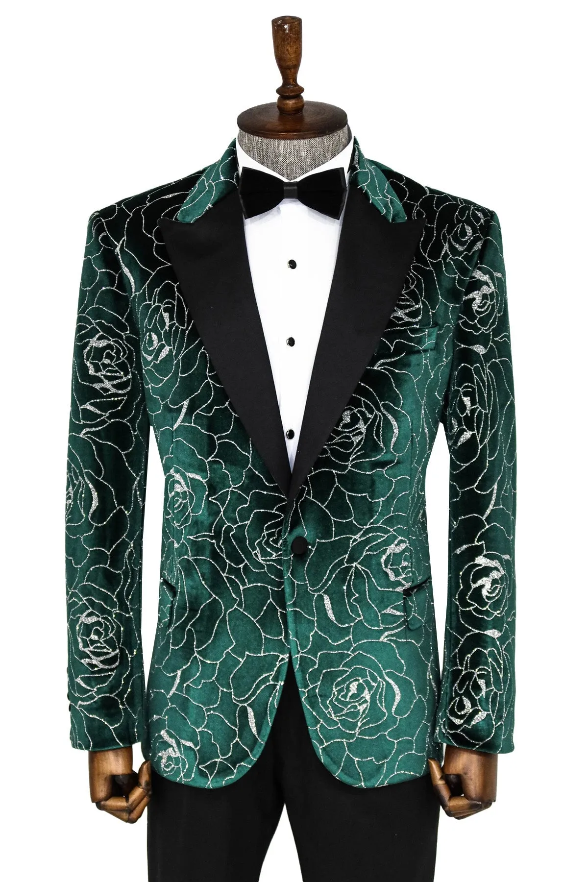 WSS Silver Rose Patterned Over Green Men Prom Blazer  - Singen