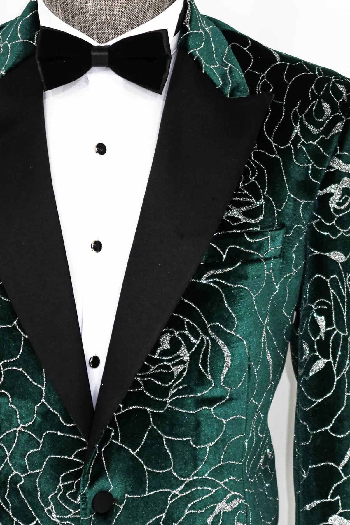 WSS Silver Rose Patterned Over Green Men Prom Blazer  - Singen