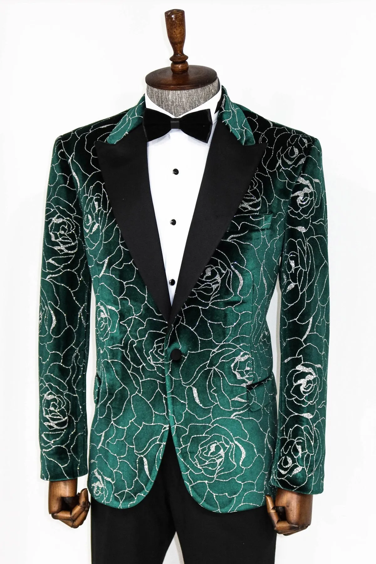 WSS Silver Rose Patterned Over Green Men Prom Blazer  - Singen