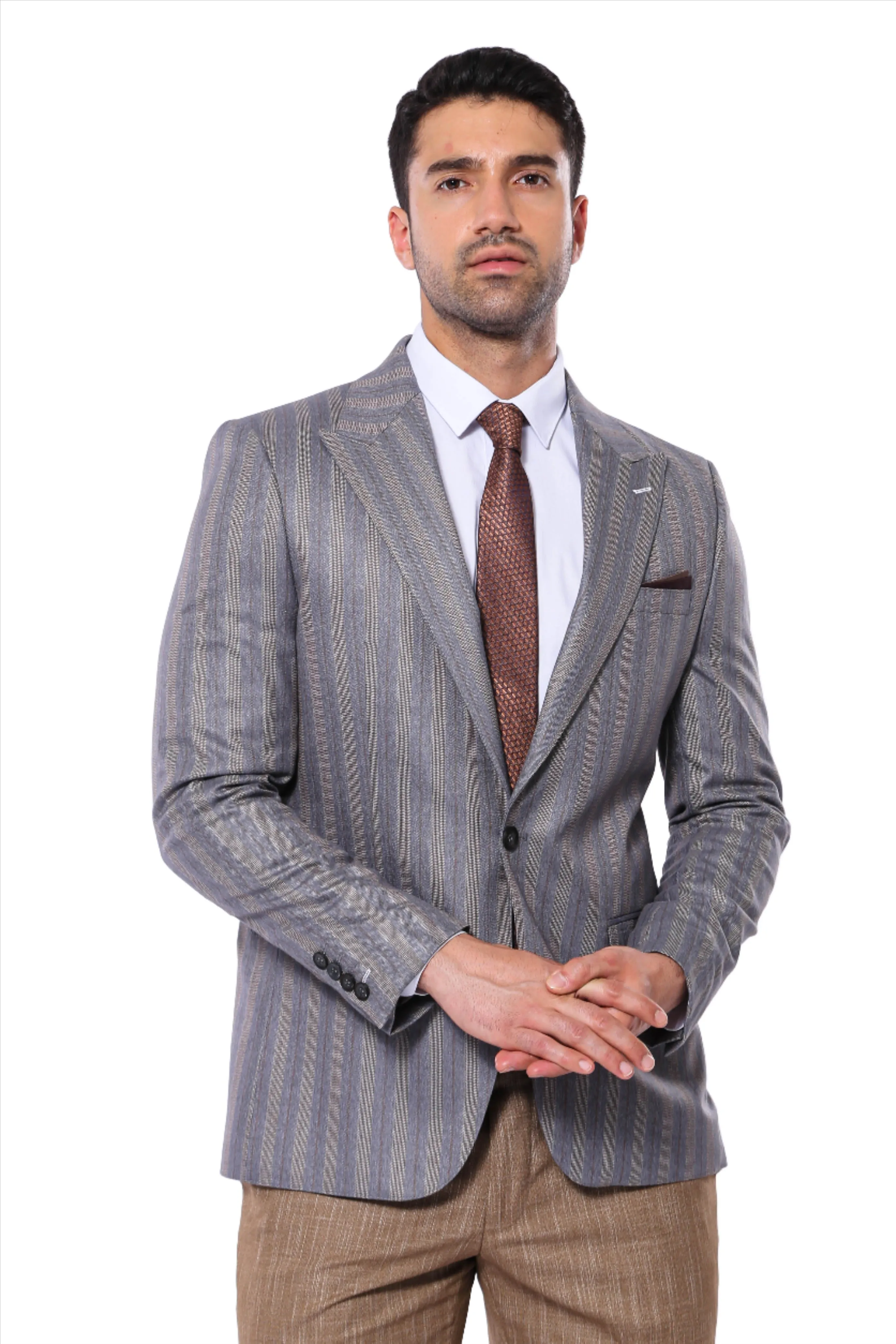 WSS Striped Slim Fit Men Grey Blazer  - Singen