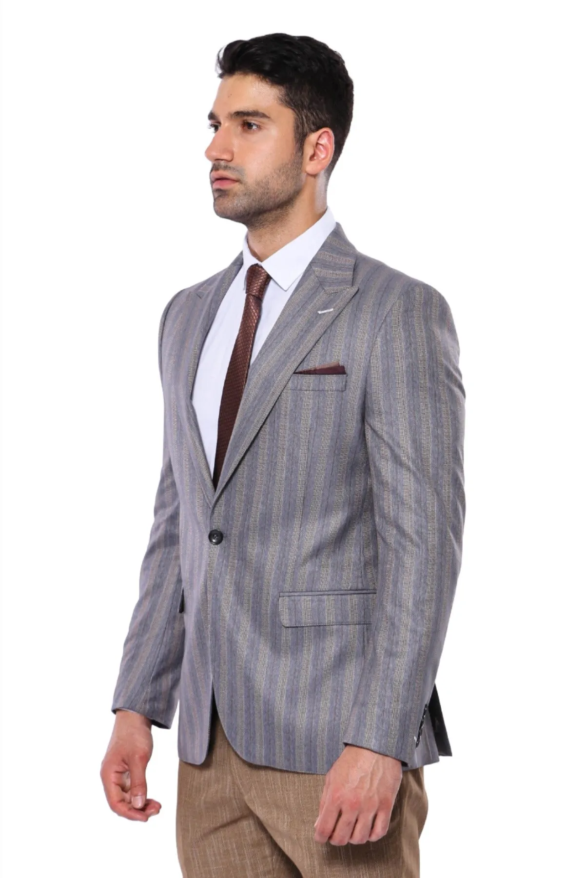 WSS Striped Slim Fit Men Grey Blazer  - Singen