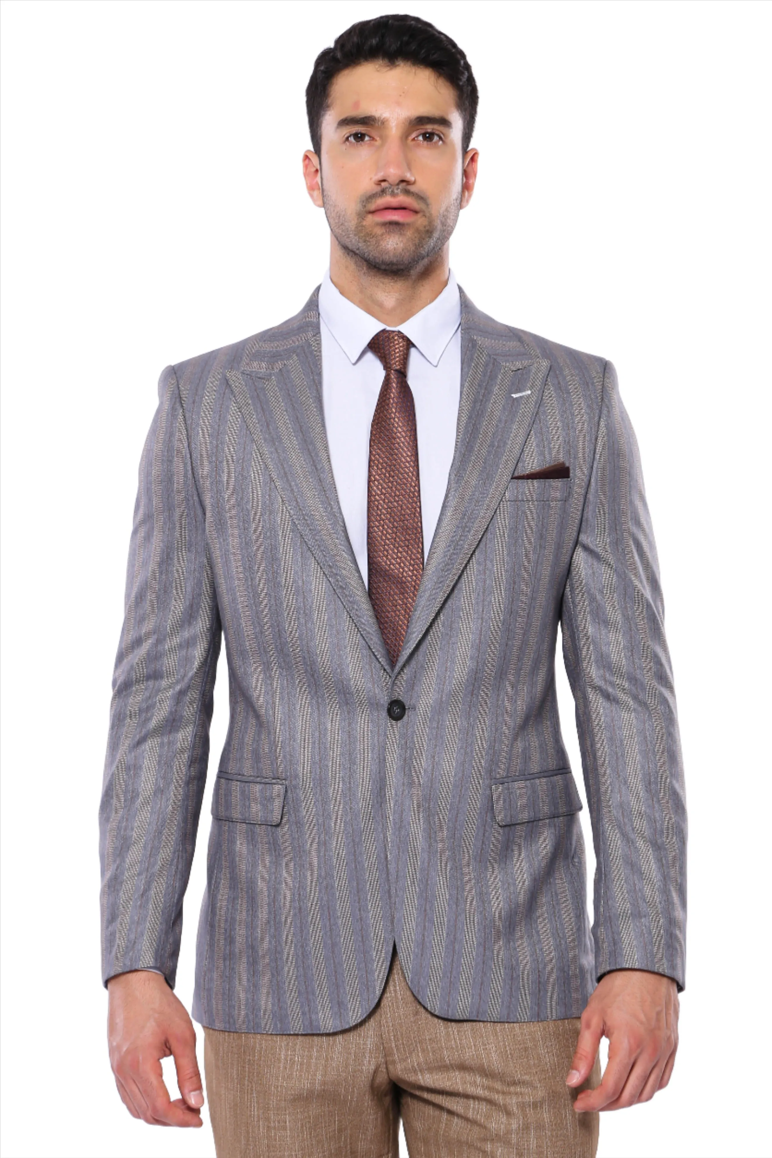 WSS Striped Slim Fit Men Grey Blazer  - Singen