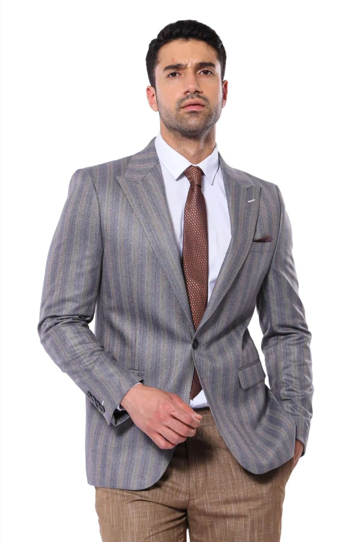 WSS Striped Slim Fit Men Grey Blazer  - Singen